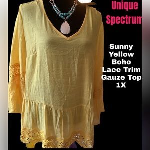 🌼NWT Unique Spectrum 1X SUNNY YELLOW LACE TRIM TOP